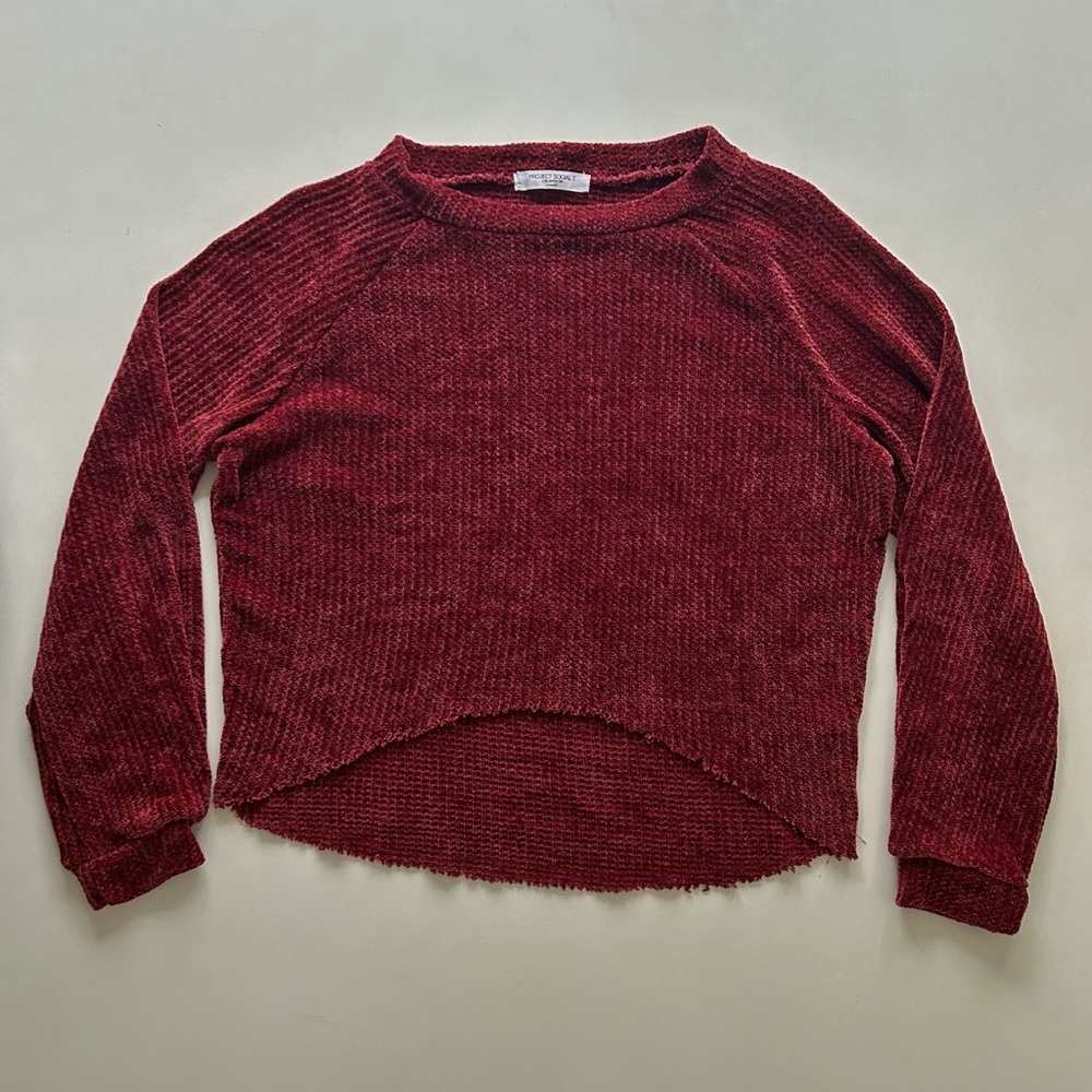 Project Social T Wine Red Cropped Knit Top Raw Hem Long Sleeve Size XS